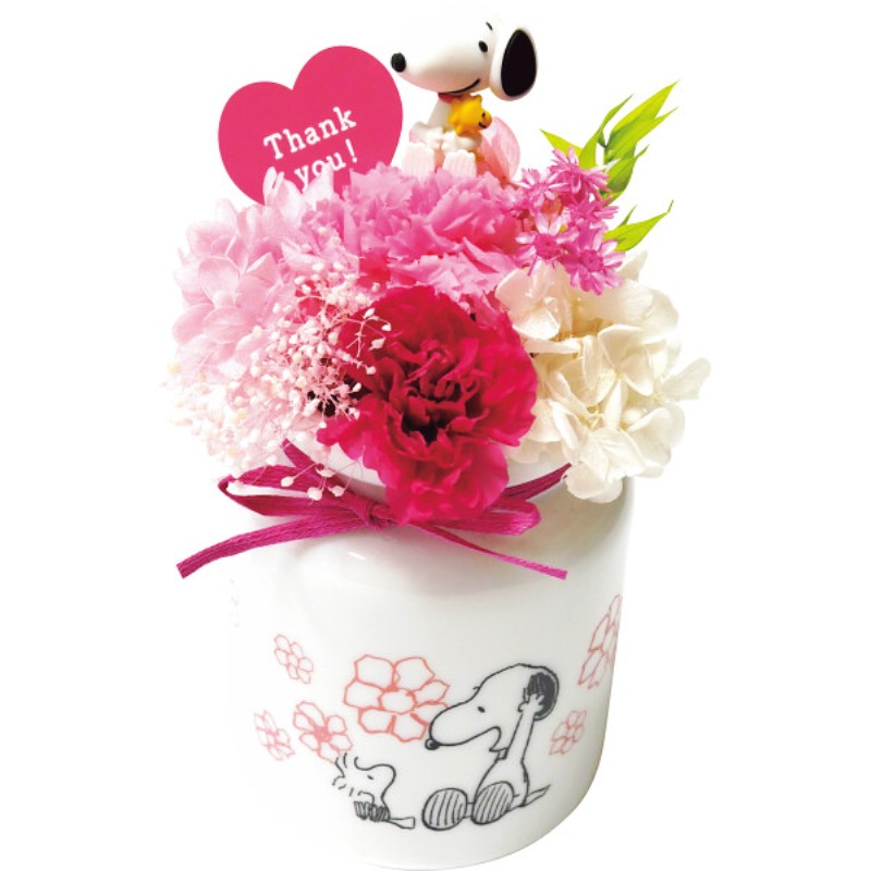 御祝.お返し,引出物,記念品は:【母の日専用】スヌーピーフラワーキャニスターＨＵＧ（プリザーブドフラワー）商品のお届け期間：5.6(水)～5.10(日)。5月6日以降のご注文は「遅れてごめんね」対応となります。