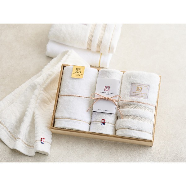 御祝.お返し,引出物,記念品は:今治謹製　白織×至福×ご褒美タオル　フェイスタオル３枚セット（木箱入） ホワイト SISET500