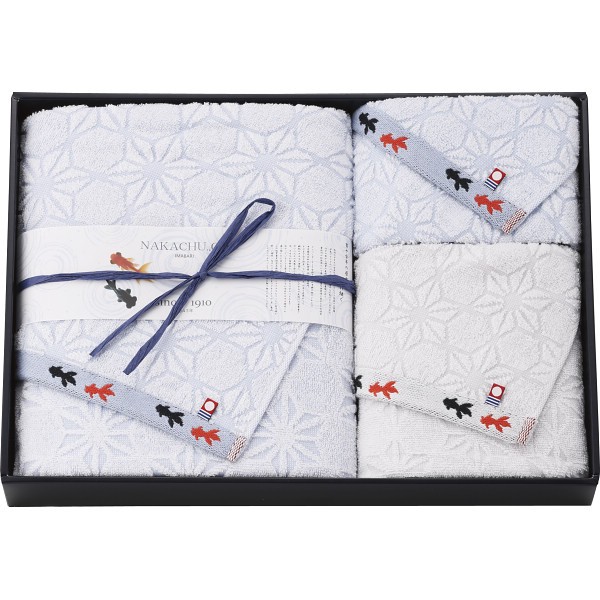 御祝.お返し,引出物,記念品は:今治産金魚タオル　バス・フェイス・ウォッシュタオルセット ブルー KG-26500