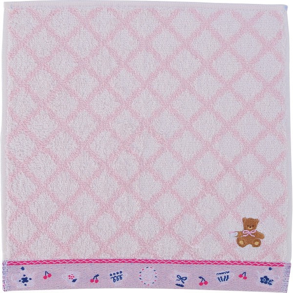 御祝.お返し,引出物,記念品は:ロッティ　婦人タオルハンカチ チェック×くま刺繍ピンク RTT-64 PI