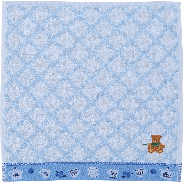 御祝.お返し,引出物,記念品は:ロッティ　婦人タオルハンカチ チェック×くま刺繍ブルー RTT-64 BL