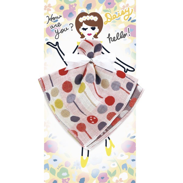 御祝.お返し,引出物,記念品は:フローラルシスターズ　３重ガーゼハンカチ デイジー×棒付きキャンディ PCFS-R905