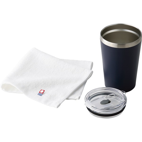 御祝.お返し,引出物,記念品は:アミーホーム　カップインタンブラー＆タオル ネイビー AMｰ1742