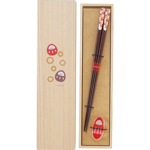 御祝.お返し,引出物,記念品は:吉兆桐箱入　箸・箸置揃 夢だるま 黒猫と椿 39286