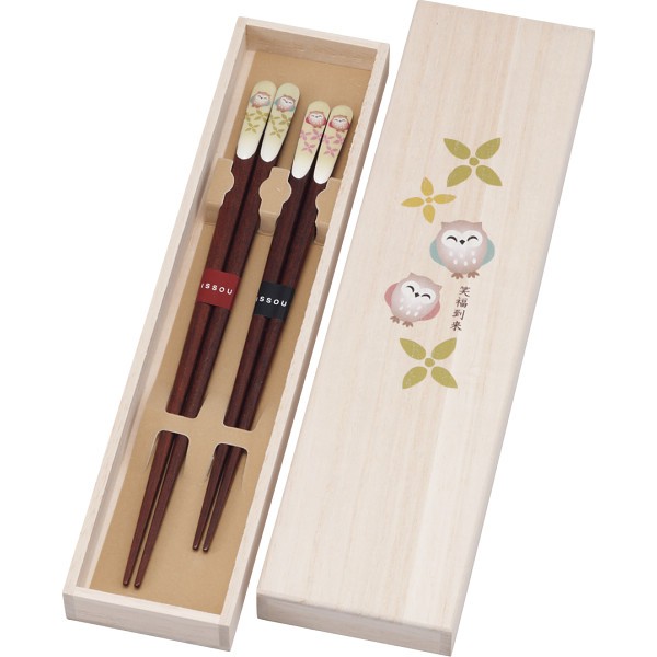 御祝.お返し,引出物,記念品は:吉兆桐箱入　夫婦箸　 笑ふくろう 39288 