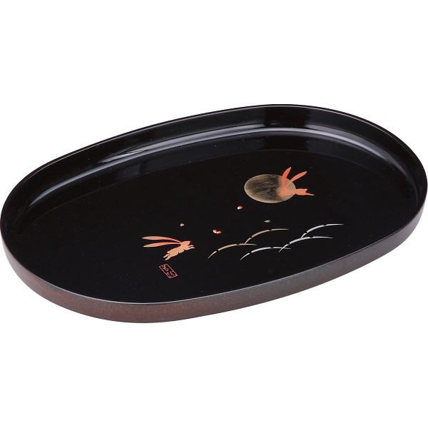 御祝.お返し,引出物,記念品は:紀州塗　月とうさぎ　尺４長手盆 黒 26525