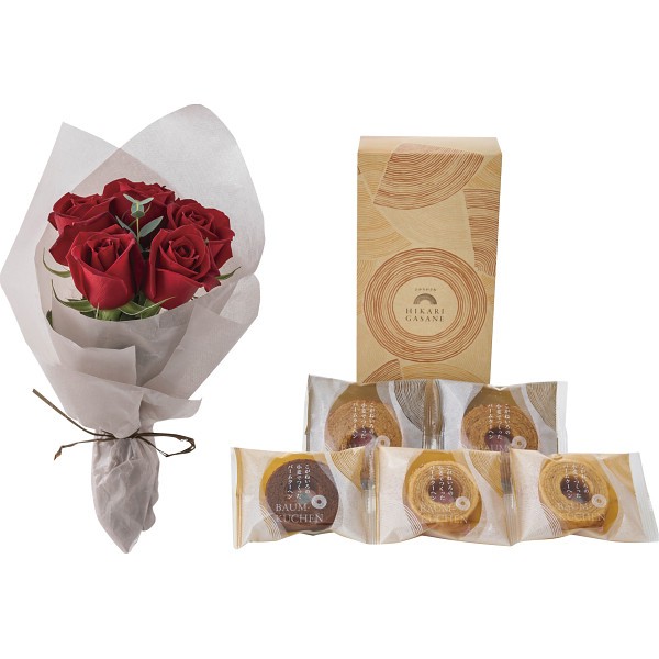 御祝.お返し,引出物,記念品は:ホシファーム　ローズブーケ５本＆ひかりがさねふんわりバーム詰合せ ルージュ（レッド系） FMIｰ01F