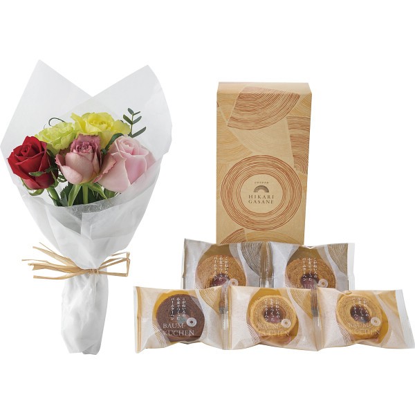 御祝.お返し,引出物,記念品は:ホシファーム　ローズブーケ５本＆ひかりがさねふんわりバーム詰合せ カラフル（ミックスカラー） FMIｰ03F