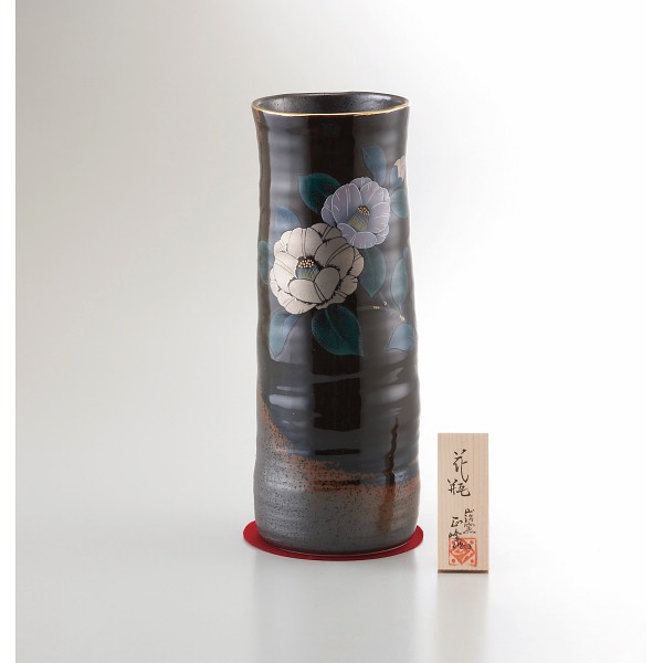 御祝.お返し,引出物,記念品は:美濃焼　１０号黒伊賀長花瓶　プラチナ山茶花 YJ15‐05S