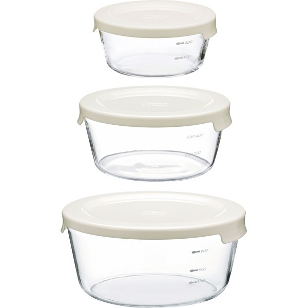 御祝.お返し,引出物,記念品は:ハリオ　耐熱ガラス製保存容器　丸３個セット オフホワイト MSTｰ3018ｰOW