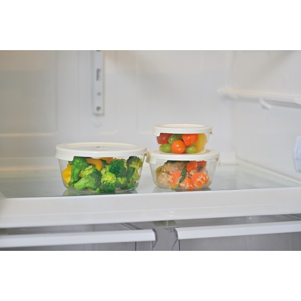 御祝.お返し,引出物,記念品は:ハリオ　耐熱ガラス製保存容器　丸３個セット オフホワイト MSTｰ3018ｰOW