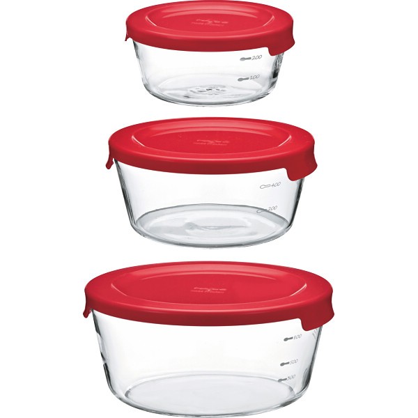 御祝.お返し,引出物,記念品は:ハリオ　耐熱ガラス製保存容器　丸３個セット レッド MSTｰ3018-R