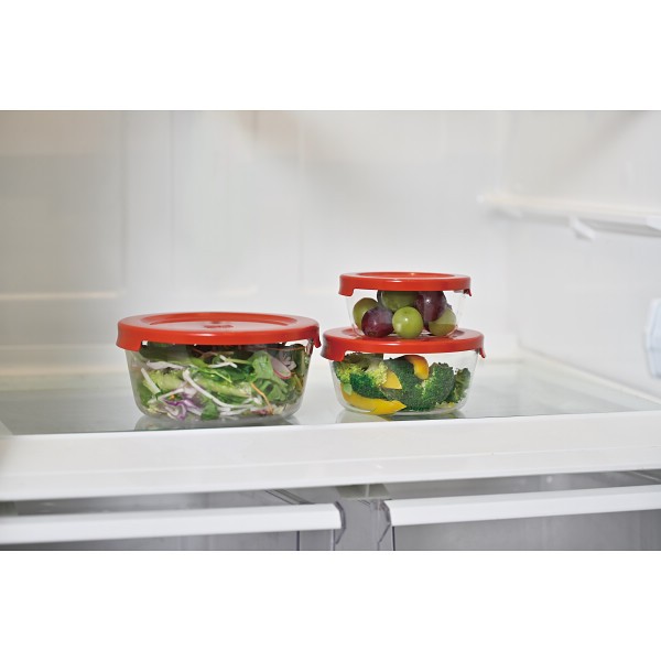 御祝.お返し,引出物,記念品は:ハリオ　耐熱ガラス製保存容器　丸３個セット レッド MSTｰ3018-R