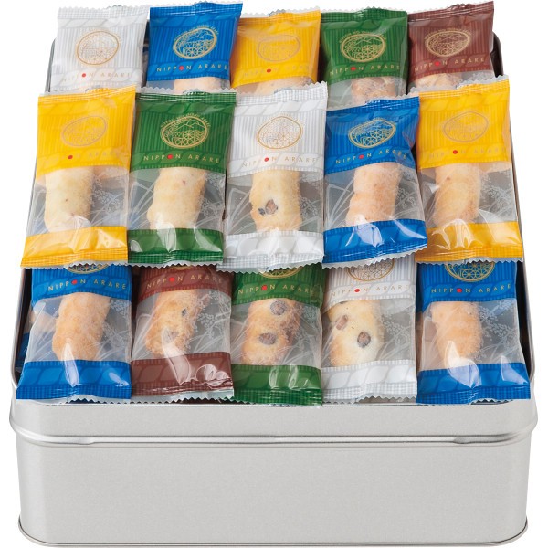 御祝.お返し,引出物,記念品は:にっぽんあられ（缶入） NJ-25