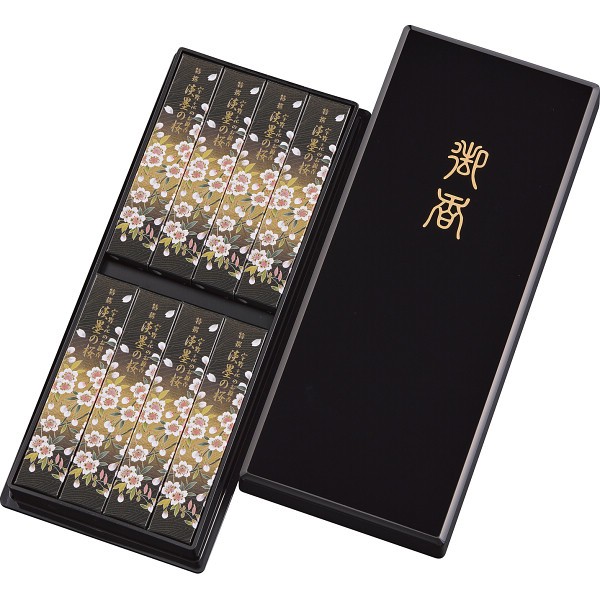 御祝.お返し,引出物,記念品は:日本香堂　宇野千代のお線香　特撰淡墨の桜　サック８入（塗箱入） 37112
