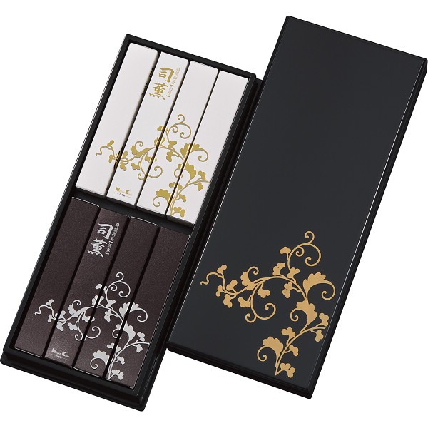 御祝.お返し,引出物,記念品は:日本香堂　司薫　二種香（白檀・沈香）８箱入（塗箱入） 65037