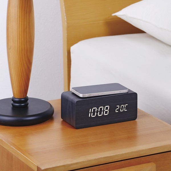 御祝.お返し,引出物,記念品は:ワイヤレス充電機能付木製デジタルクロック ブラック