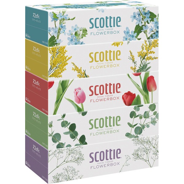 御祝.お返し,引出物,記念品は:スコッティ　ティシュー　フラワーボックス　２５０組（５箱パック） 41365
